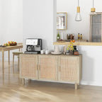 Credenza Buffet, Mobile da Cucina, Mobile Bar per Caffè con 3 Ante in Rattan e Ripiani Regolabili, Naturale Misto