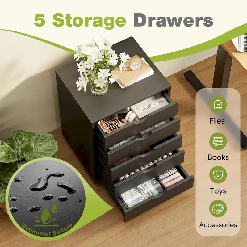 Cassettiera Classificatore Mobile a 5 Cassetti, Comò Contenitore Verticale in Legno con 4 Ruote, Organizzatore Rotante Sottoscrivania