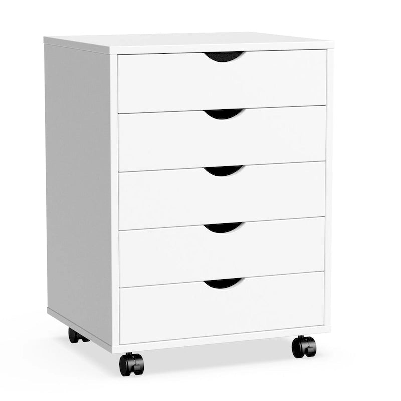 Cassettiera Classificatore Mobile a 5 Cassetti, Comò Contenitore Verticale in Legno con 4 Ruote, Organizzatore Rotante Sottoscrivania