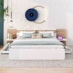Letto a piattaforma Queen Size con testiera, cassetti, mensole, porte USB e prese di corrente