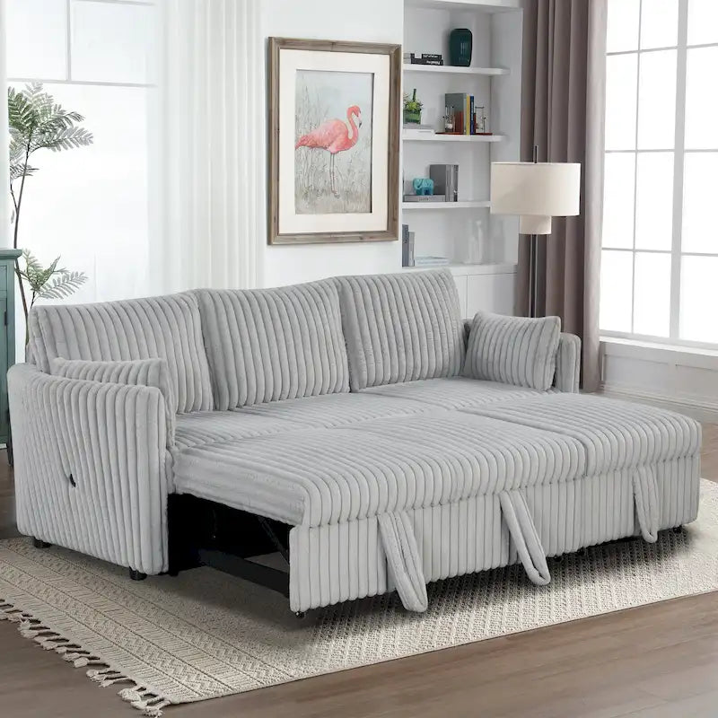 Divano letto angolare moderno in tessuto con USB e 2 cuscini