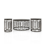 Set Moderno di 3 Tavolini Rotondi con Piano in Marmo e Base Decorativa in Metallo