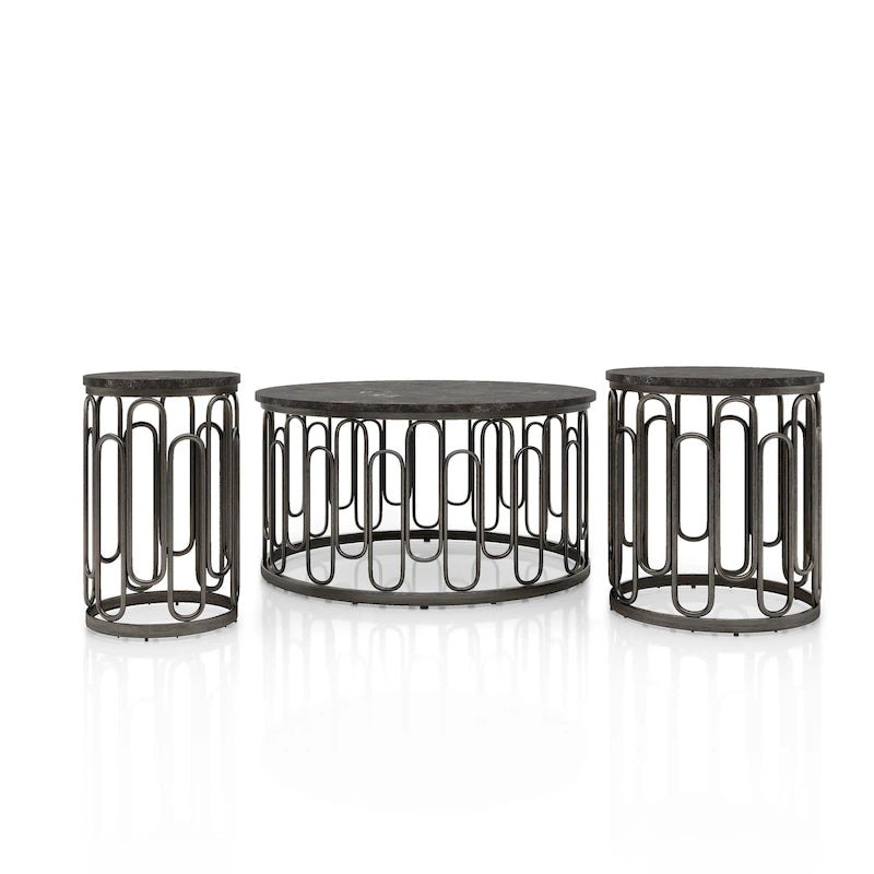 Set Moderno di 3 Tavolini Rotondi con Piano in Marmo e Base Decorativa in Metallo