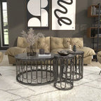 Set Moderno di 3 Tavolini Rotondi con Piano in Marmo e Base Decorativa in Metallo