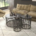 Set Moderno di 3 Tavolini Rotondi con Piano in Marmo e Base Decorativa in Metallo