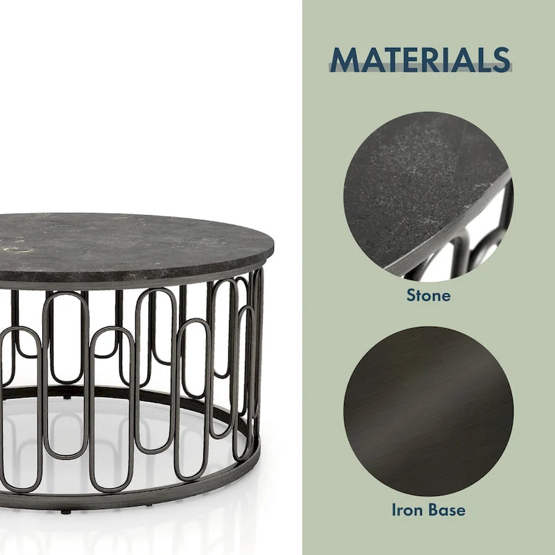 Set Moderno di 3 Tavolini Rotondi con Piano in Marmo e Base Decorativa in Metallo
