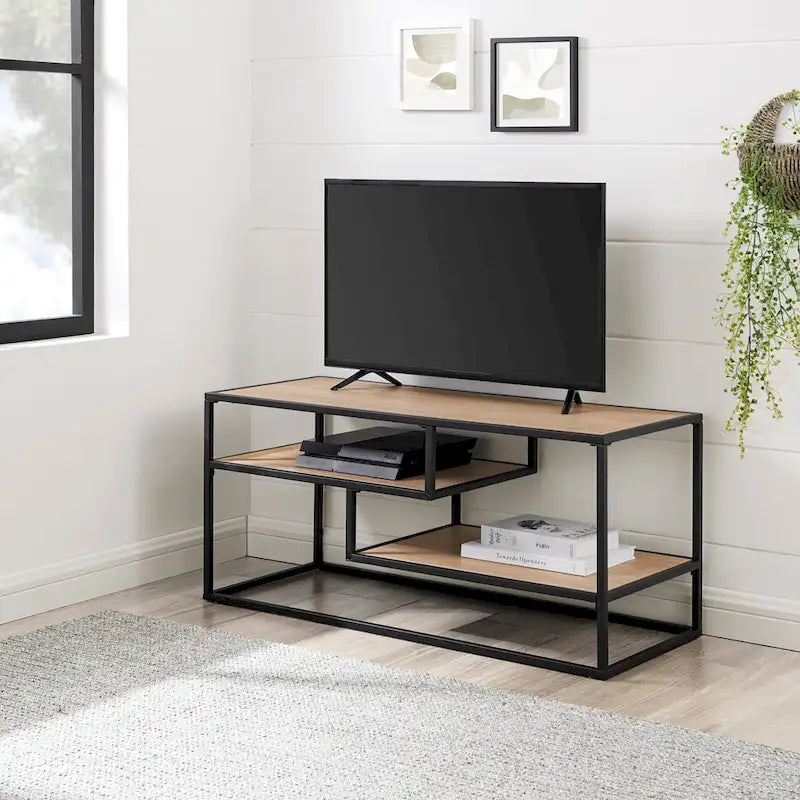 Mobile TV a parete moderno con mensole a giorno e vani a giorno – Stile a parete