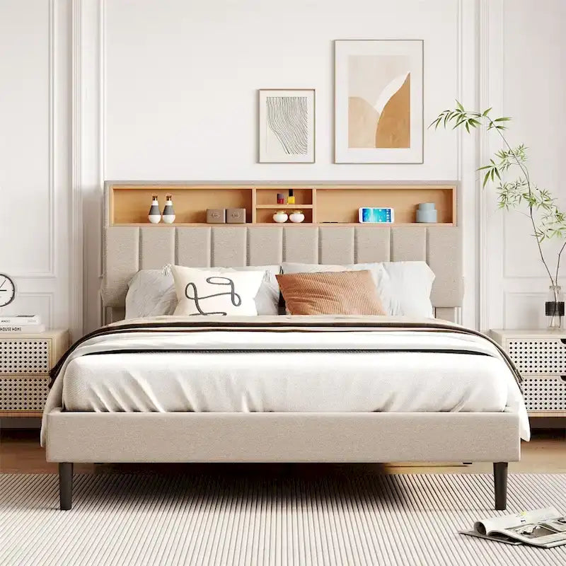 Letto imbottito a piattaforma con testiera contenitore, porta USB e illuminazione a LED