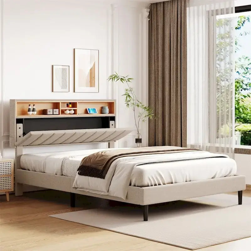 Letto imbottito a piattaforma con testiera contenitore, porta USB e illuminazione a LED
