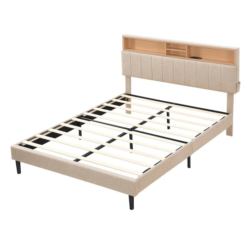 Letto imbottito a piattaforma con testiera contenitore, porta USB e illuminazione a LED