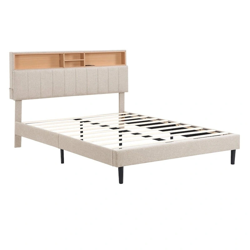 Letto imbottito a piattaforma con testiera contenitore, porta USB e illuminazione a LED
