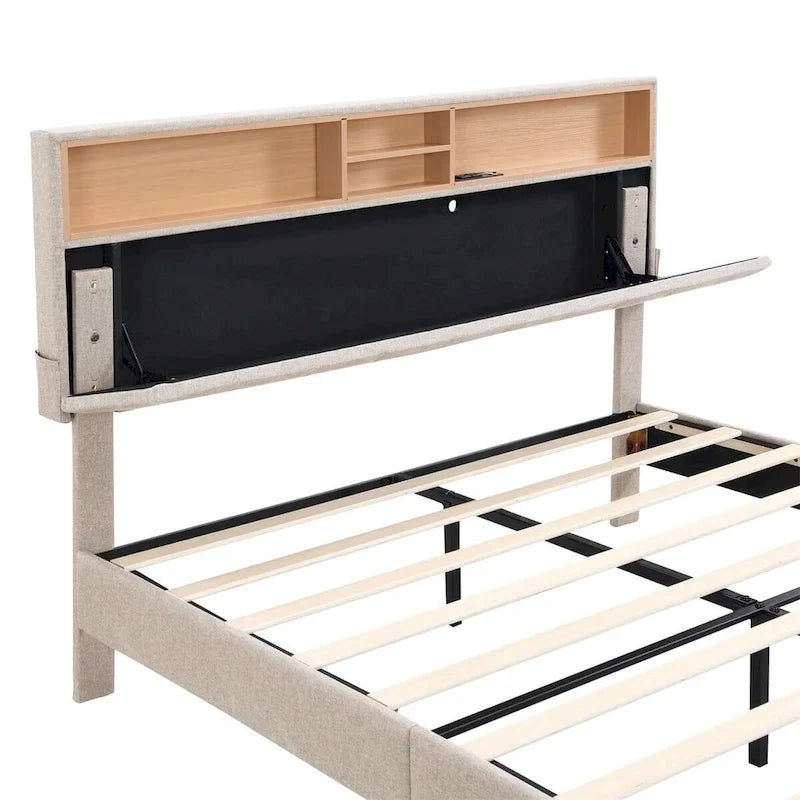 Letto imbottito a piattaforma con testiera contenitore, porta USB e illuminazione a LED