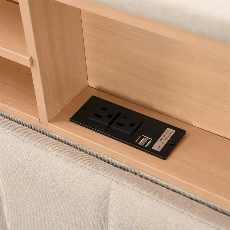 Letto imbottito a piattaforma con testiera contenitore, porta USB e illuminazione a LED