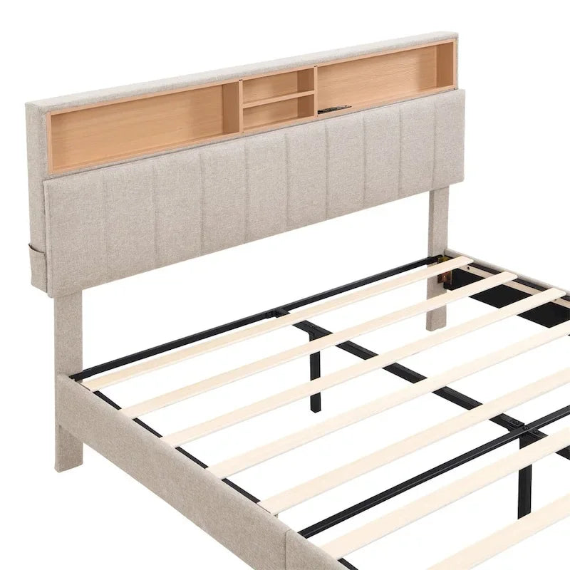 Letto imbottito a piattaforma con testiera contenitore, porta USB e illuminazione a LED
