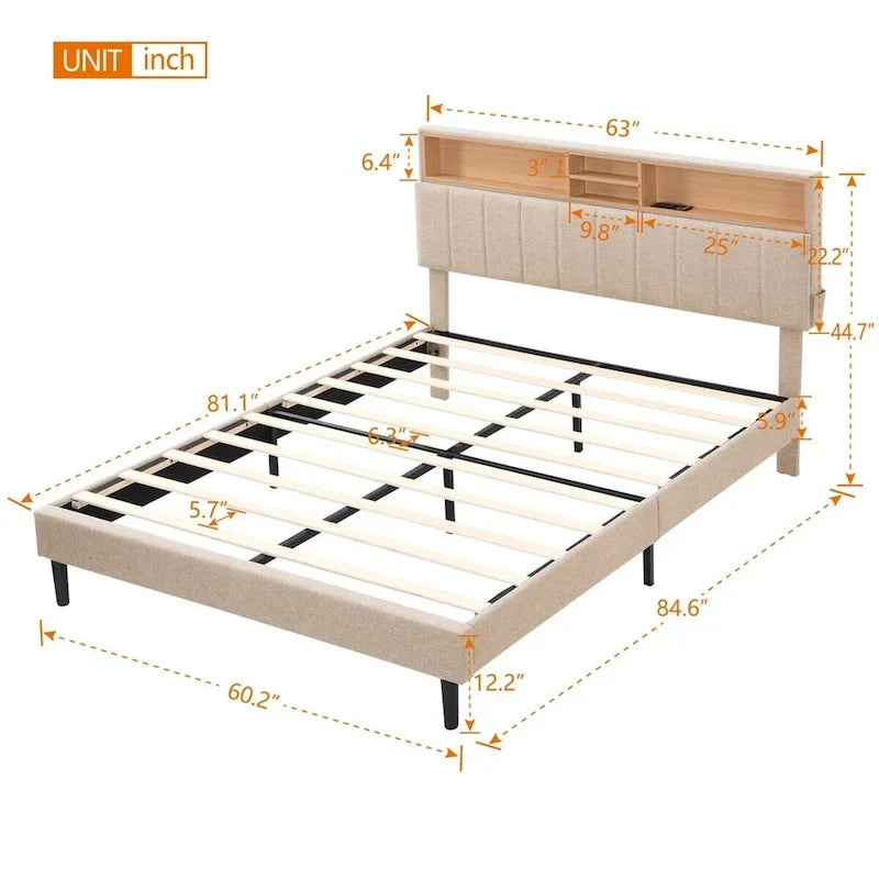 Letto imbottito a piattaforma con testiera contenitore, porta USB e illuminazione a LED