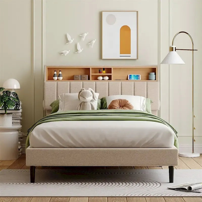 Letto imbottito a piattaforma con testiera contenitore, porta USB e illuminazione a LED