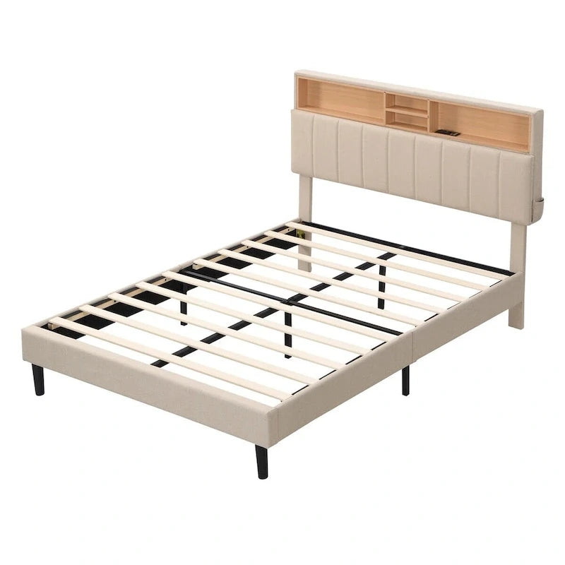 Letto imbottito a piattaforma con testiera contenitore, porta USB e illuminazione a LED