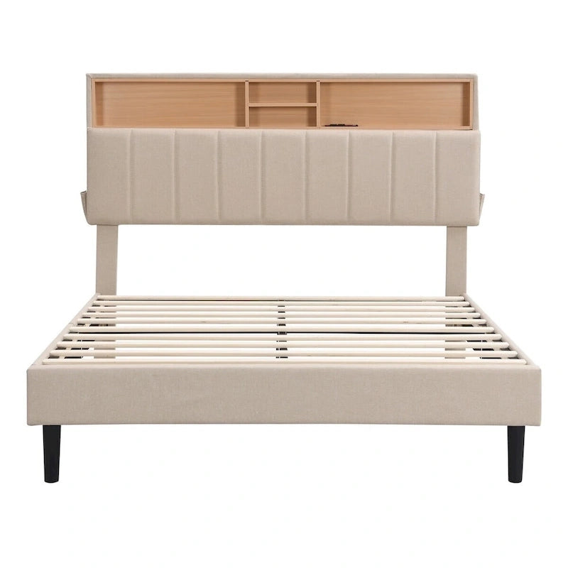 Letto imbottito a piattaforma con testiera contenitore, porta USB e illuminazione a LED