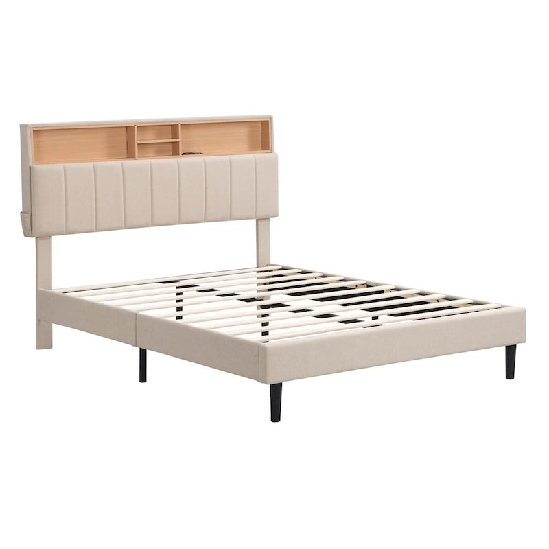 Letto imbottito a piattaforma con testiera contenitore, porta USB e illuminazione a LED