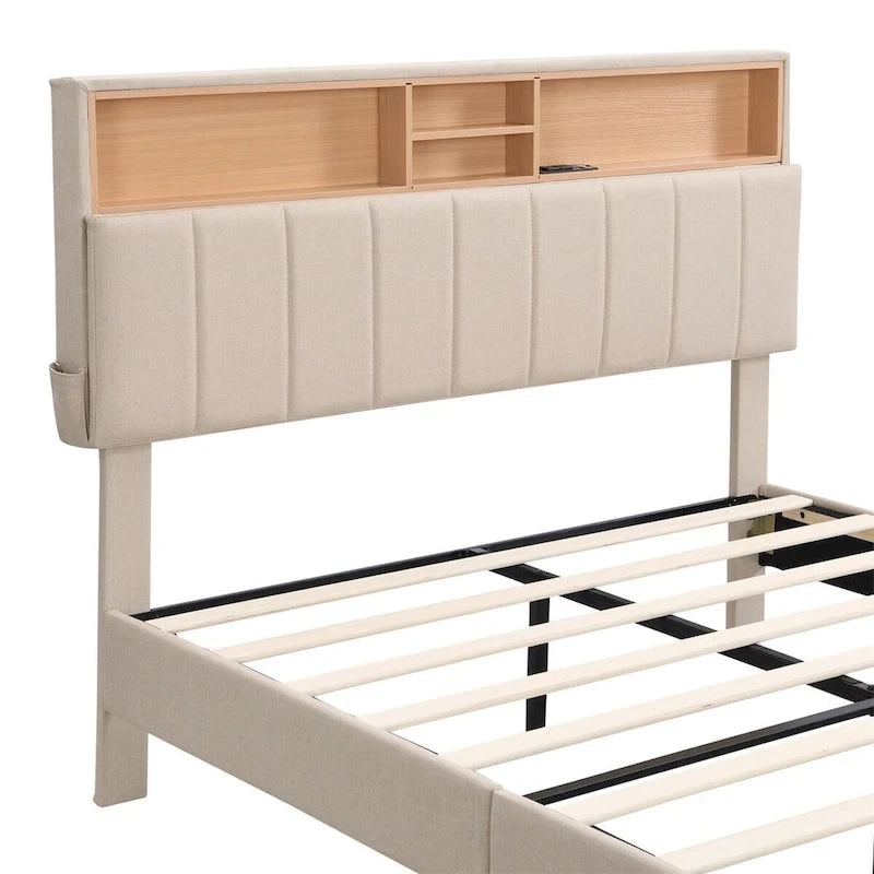 Letto imbottito a piattaforma con testiera contenitore, porta USB e illuminazione a LED