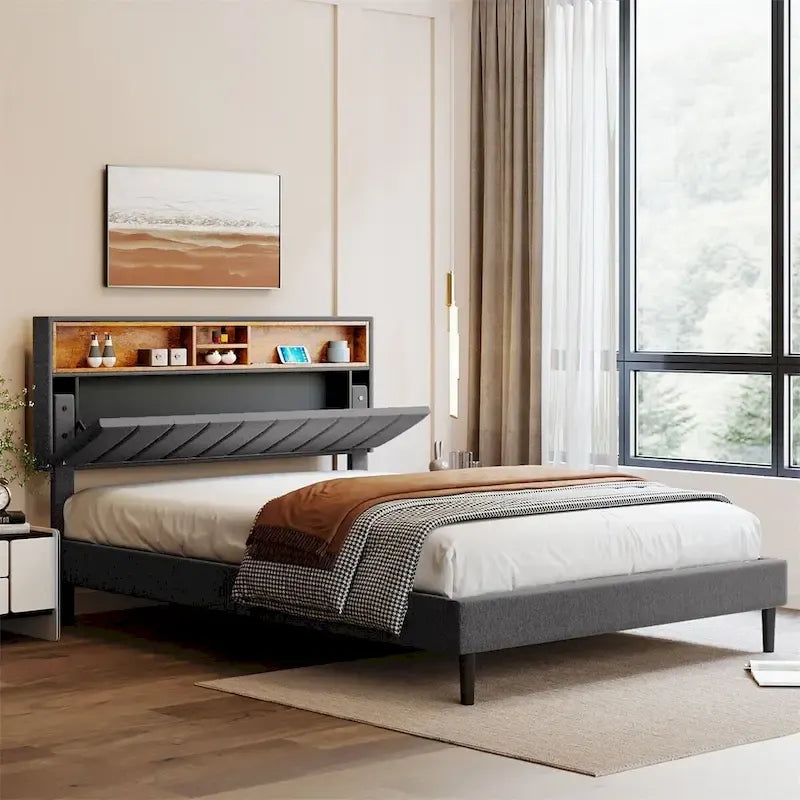 Letto imbottito a piattaforma con testiera contenitore, porta USB e illuminazione a LED
