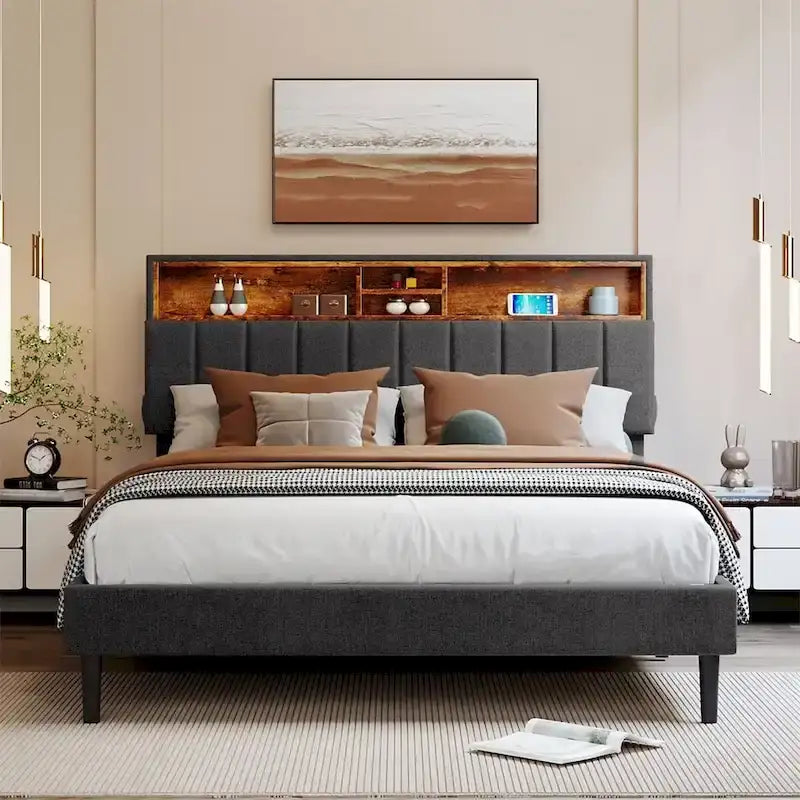 Letto imbottito a piattaforma con testiera contenitore, porta USB e illuminazione a LED