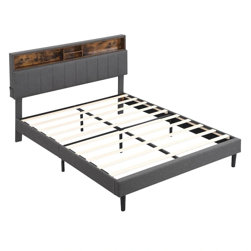 Letto imbottito a piattaforma con testiera contenitore, porta USB e illuminazione a LED