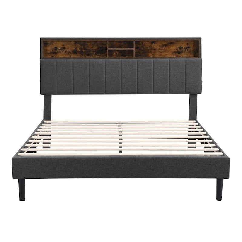 Letto imbottito a piattaforma con testiera contenitore, porta USB e illuminazione a LED
