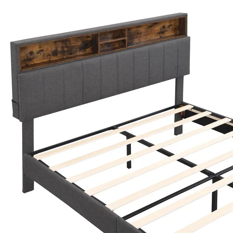 Letto imbottito a piattaforma con testiera contenitore, porta USB e illuminazione a LED