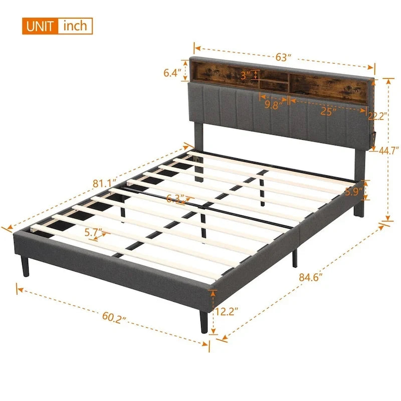 Letto imbottito a piattaforma con testiera contenitore, porta USB e illuminazione a LED