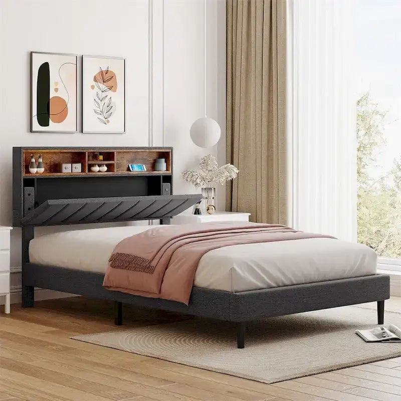 Letto imbottito a piattaforma con testiera contenitore, porta USB e illuminazione a LED