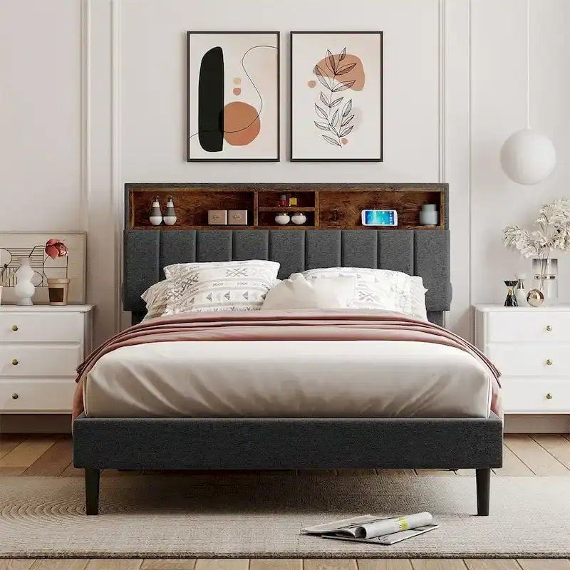 Letto imbottito a piattaforma con testiera contenitore, porta USB e illuminazione a LED