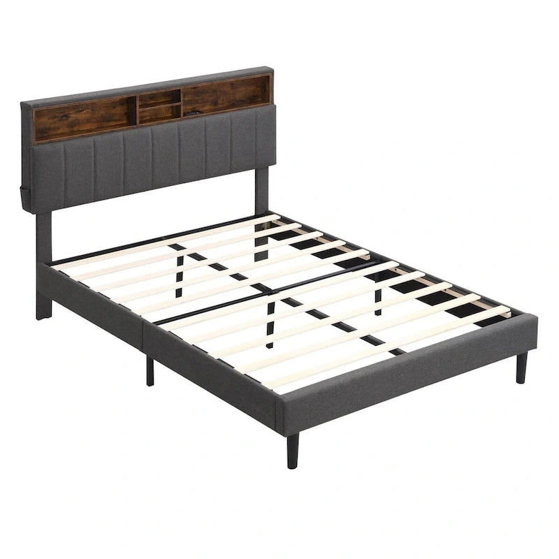 Letto imbottito a piattaforma con testiera contenitore, porta USB e illuminazione a LED