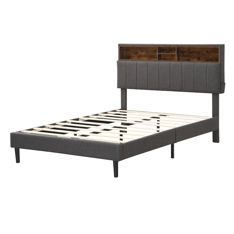 Letto imbottito a piattaforma con testiera contenitore, porta USB e illuminazione a LED