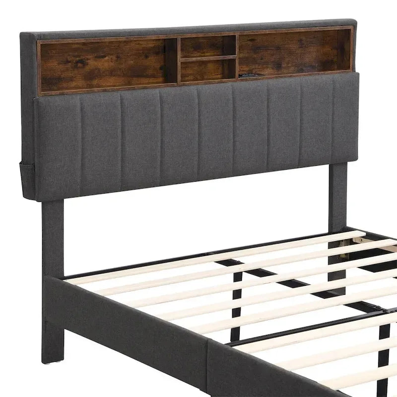 Letto imbottito a piattaforma con testiera contenitore, porta USB e illuminazione a LED