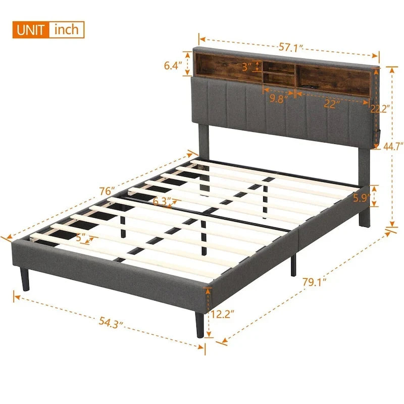 Letto imbottito a piattaforma con testiera contenitore, porta USB e illuminazione a LED