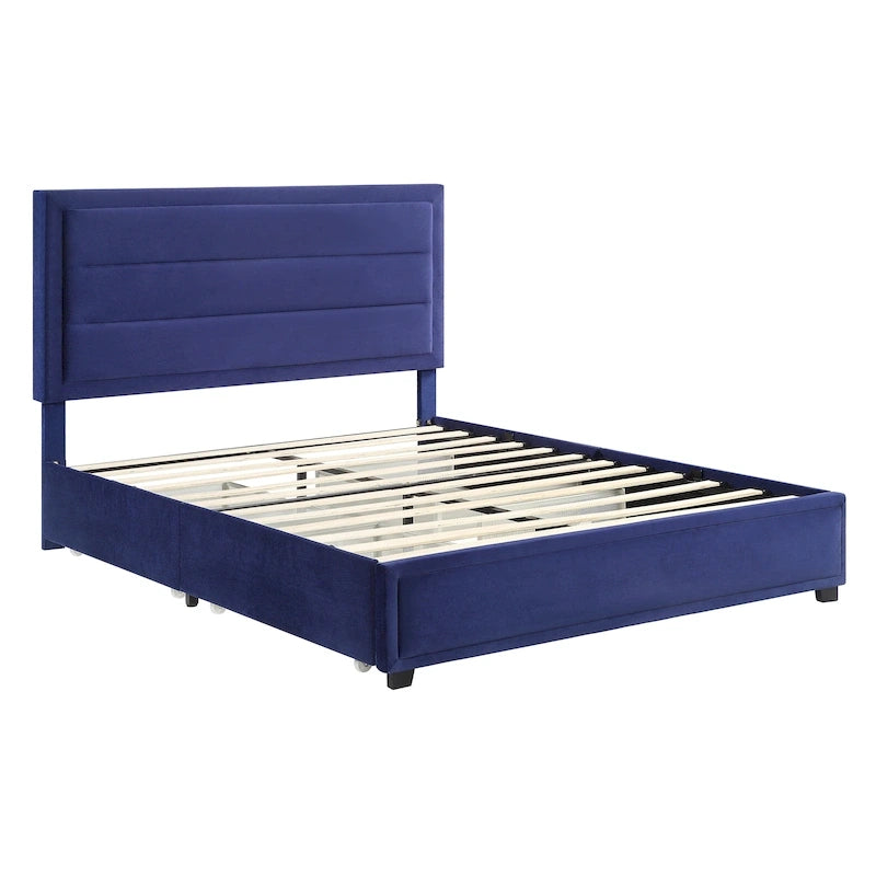 Letto a piattaforma moderno in tessuto con 4 cassetti contenitore e testiera imbottita