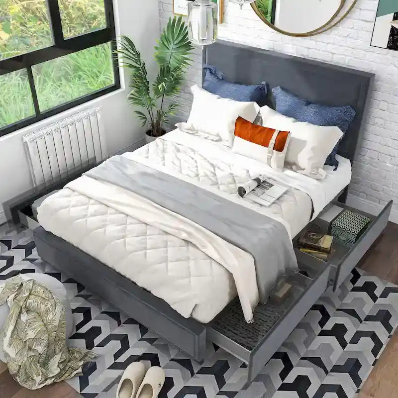 Letto a piattaforma moderno in tessuto con 4 cassetti contenitore e testiera imbottita