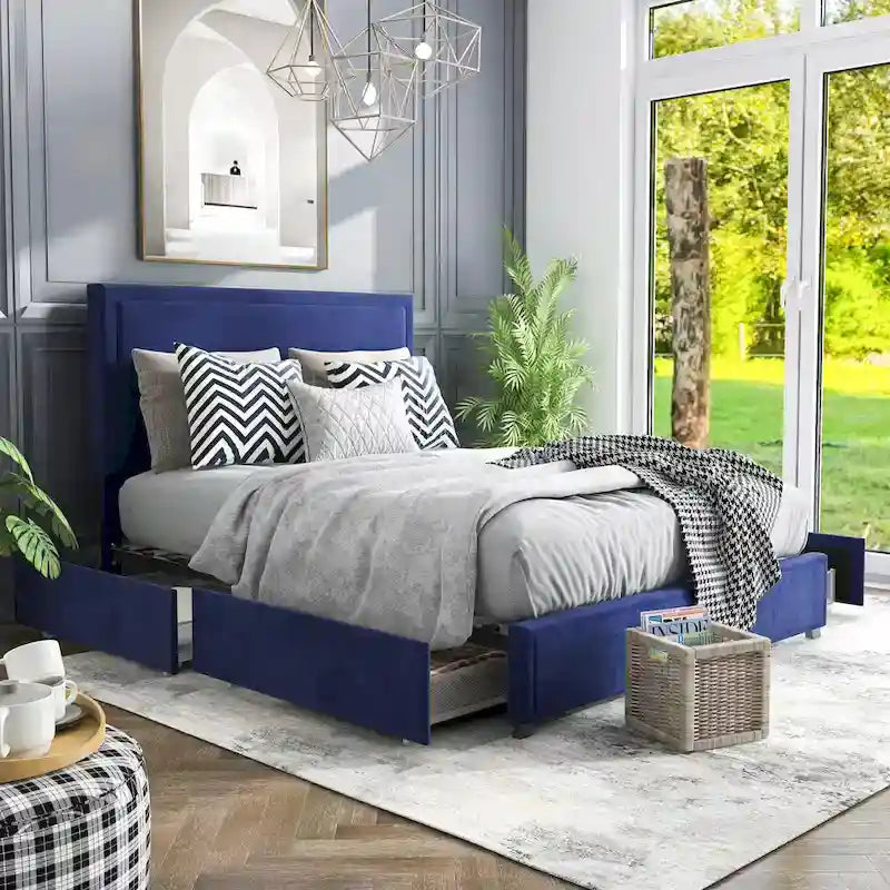 Letto a piattaforma moderno in tessuto con 4 cassetti contenitore e testiera imbottita
