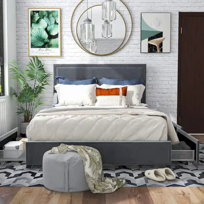 Letto a piattaforma moderno in tessuto con 4 cassetti contenitore e testiera imbottita
