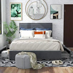 Letto a piattaforma moderno in tessuto con 4 cassetti contenitore e testiera imbottita