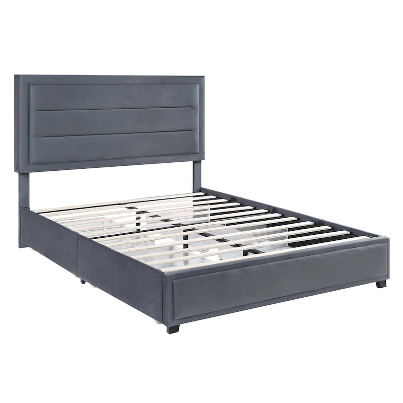 Letto a piattaforma moderno in tessuto con 4 cassetti contenitore e testiera imbottita