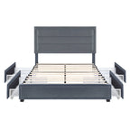 Letto a piattaforma moderno in tessuto con 4 cassetti contenitore e testiera imbottita