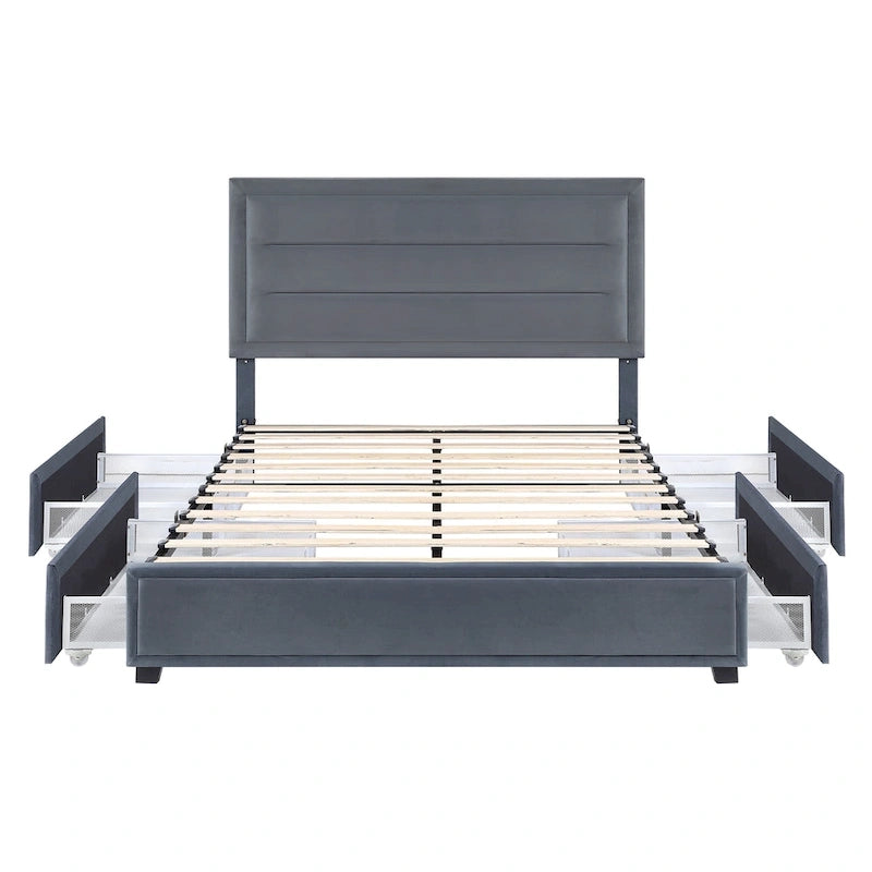 Letto a piattaforma moderno in tessuto con 4 cassetti contenitore e testiera imbottita