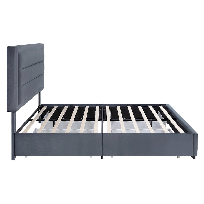 Letto a piattaforma moderno in tessuto con 4 cassetti contenitore e testiera imbottita