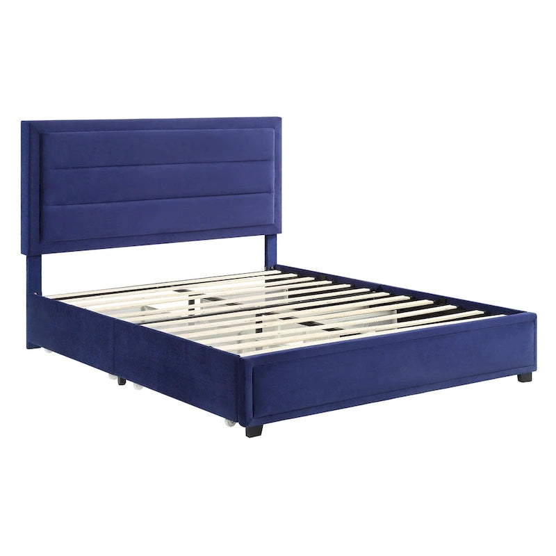 Letto a piattaforma moderno in tessuto con 4 cassetti contenitore e testiera imbottita