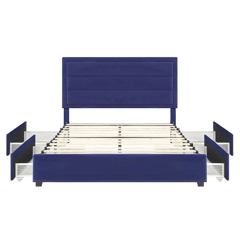 Letto a piattaforma moderno in tessuto con 4 cassetti contenitore e testiera imbottita