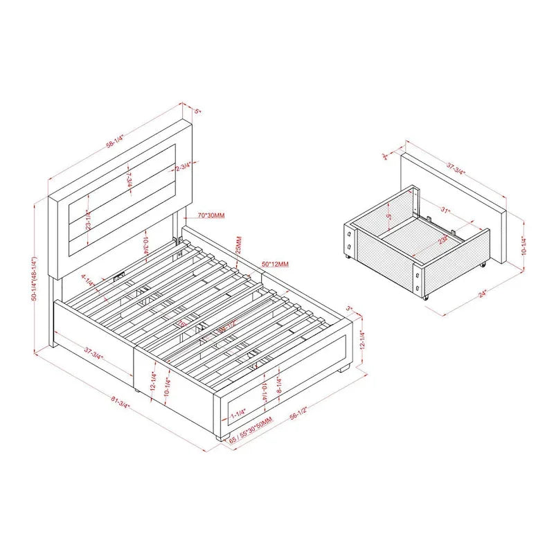 Letto a piattaforma moderno in tessuto con 4 cassetti contenitore e testiera imbottita