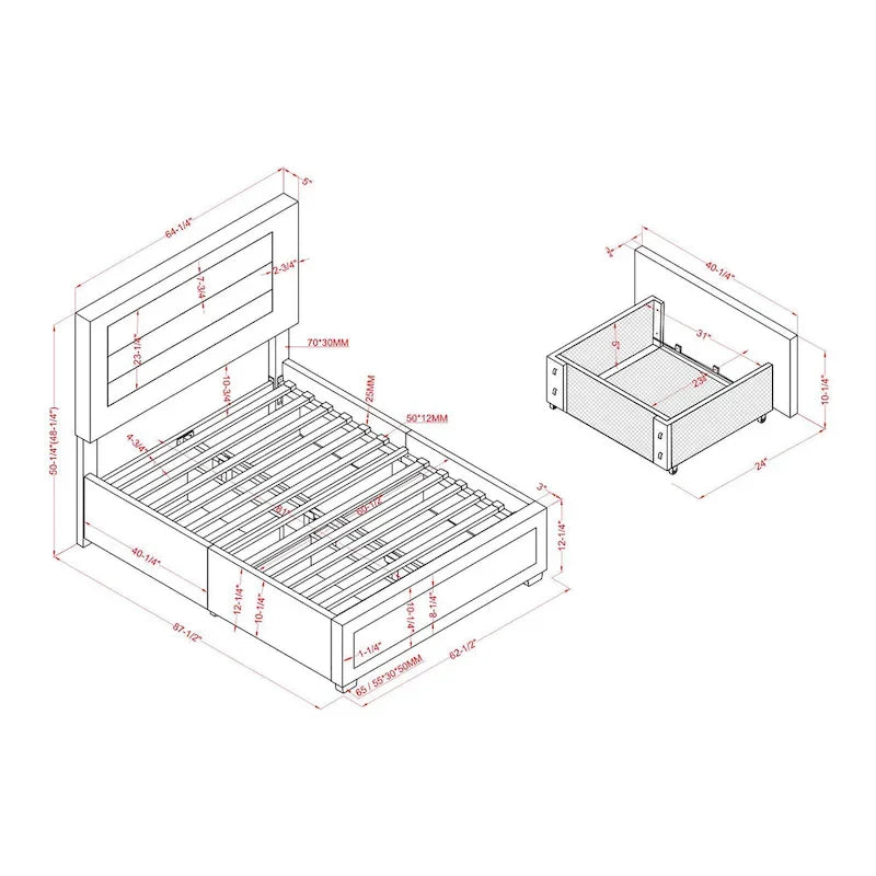 Letto a piattaforma moderno in tessuto con 4 cassetti contenitore e testiera imbottita