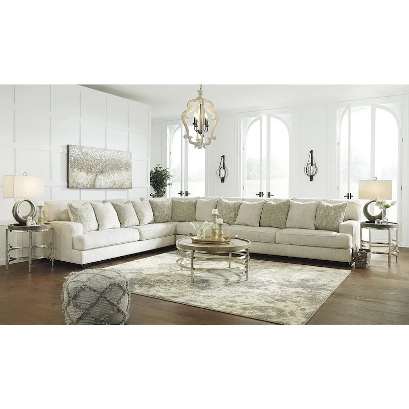 Divano sezionale a 4 pezzi in tessuto imbottito color avorio e pesca con chaise longue per ampio soggiorno